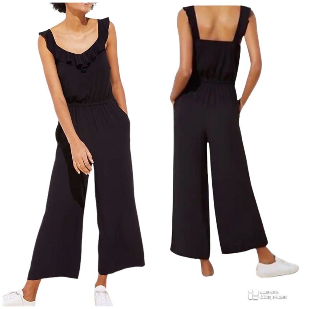 LOFT Ruffle Neck Mixed Media Jumpsuit